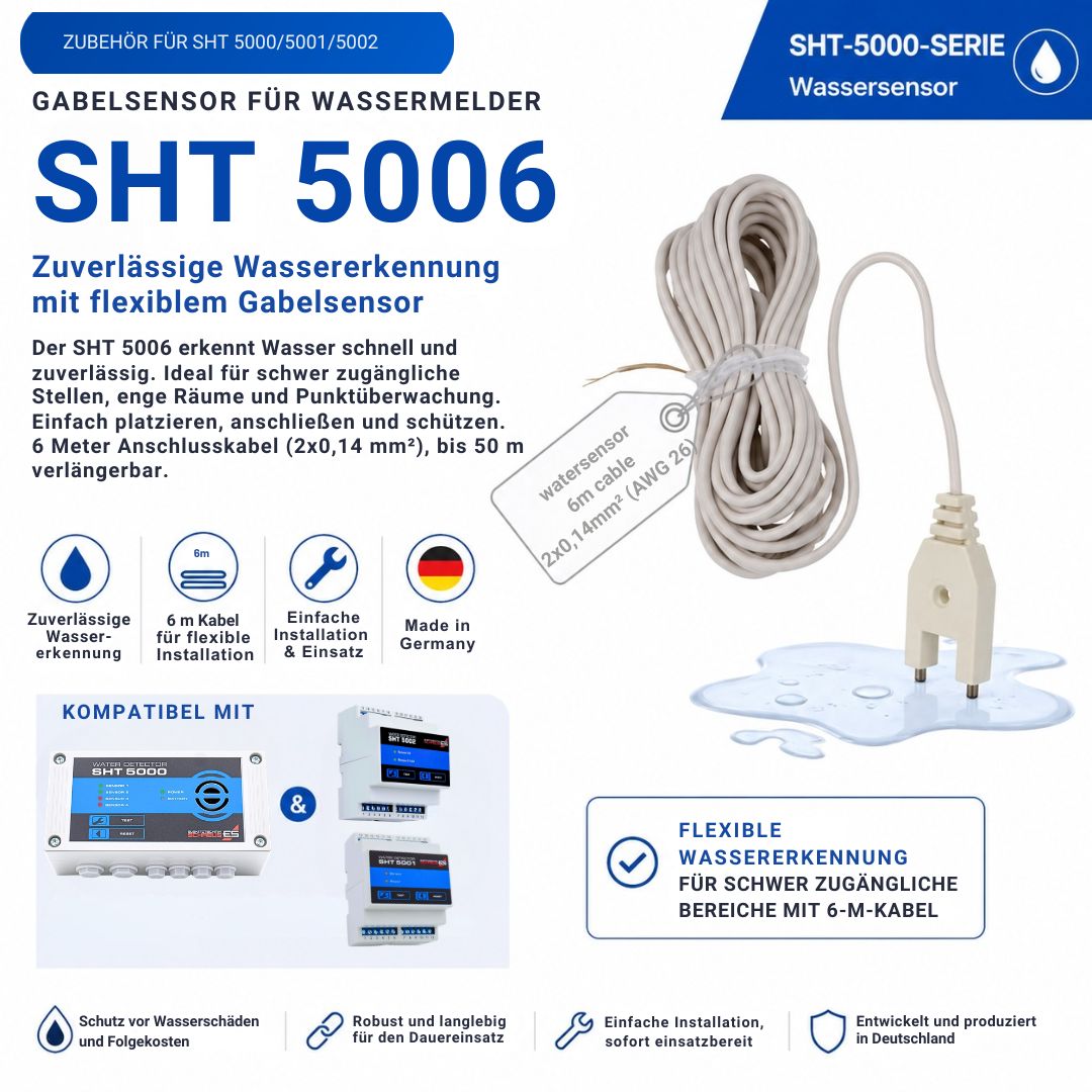 Wassersensor SHT 5006 mit 6 m Gabelsensor für punktgenaue Wassererkennung. Flexibler Sensor für schwer zugängliche Bereiche, kompatibel mit den Schabus Wassermeldern SHT 5000, SHT 5001 und SHT 5002.