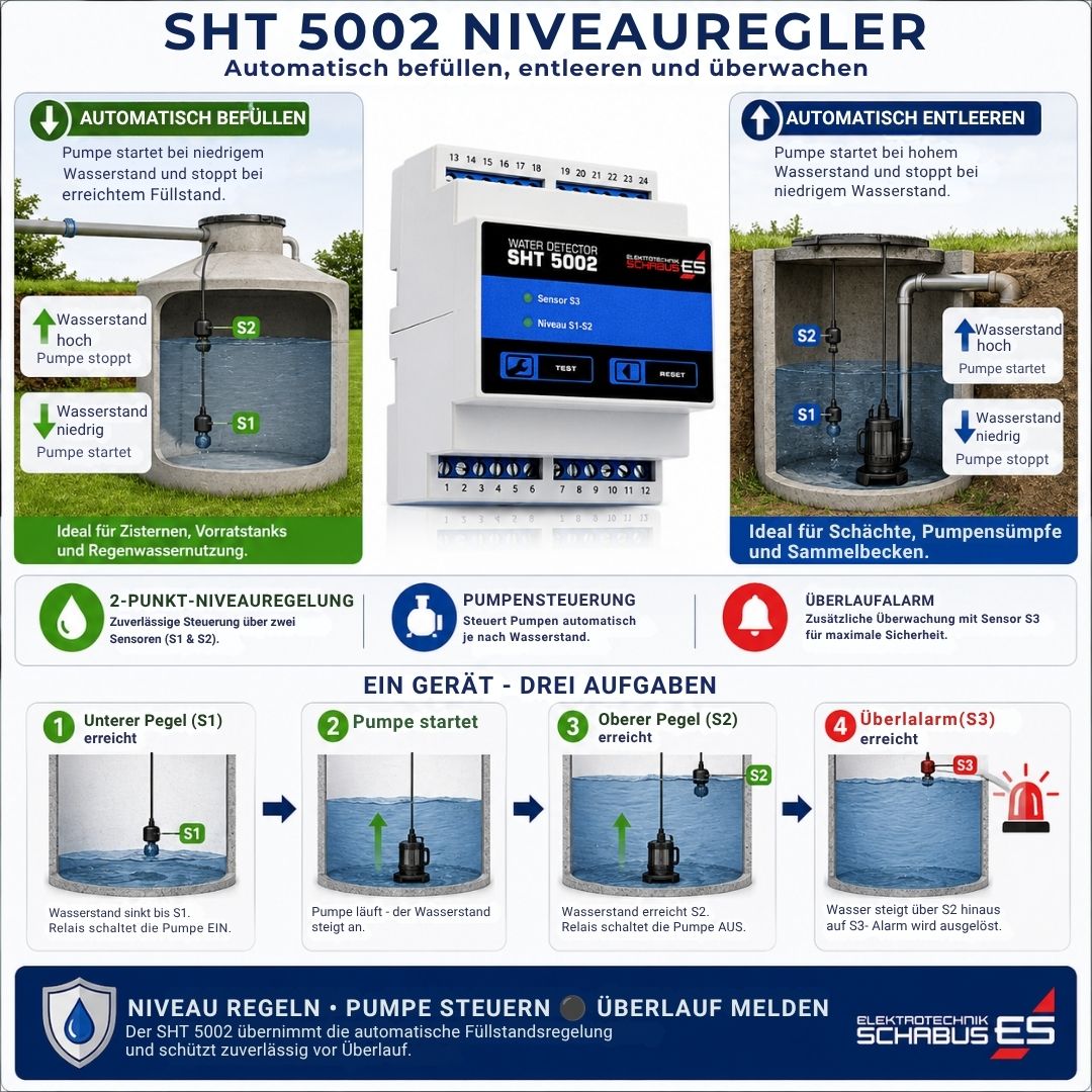Funktionsübersicht des Schabus SHT 5002 Niveaureglers mit automatischer Befüllung, Entleerung, Pumpensteuerung und Überlaufüberwachung für Zisternen, Tanks und Pumpensümpfe.