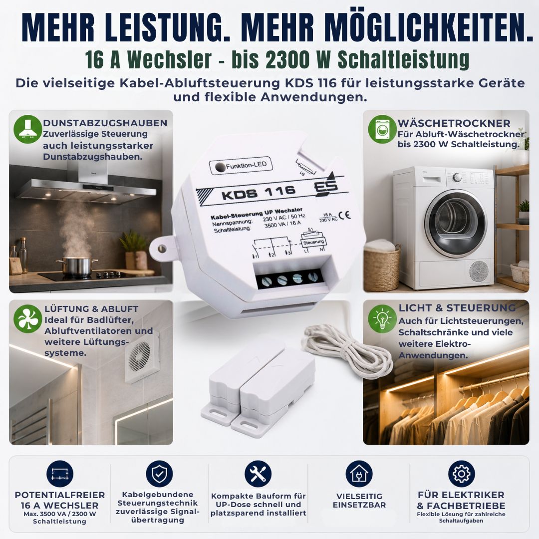 KDS 116 Kabel-Abluftsteuerung mit 16 A Wechsler für leistungsstarke Geräte bis 2300 W
