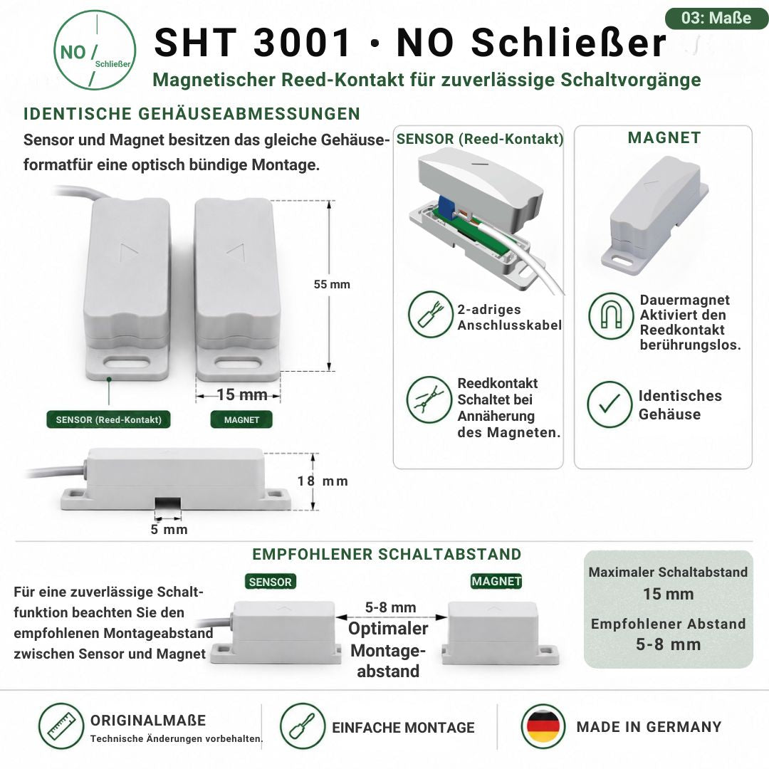 Abmessungen des SHT 3001 Reedkontakts mit identischen Gehäusen für Sensor und Magnet sowie empfohlenem Schaltabstand