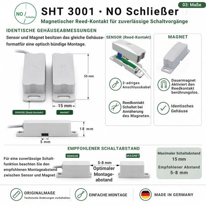 Abmessungen des SHT 3001 Reedkontakts mit identischen Gehäusen für Sensor und Magnet sowie empfohlenem Schaltabstand