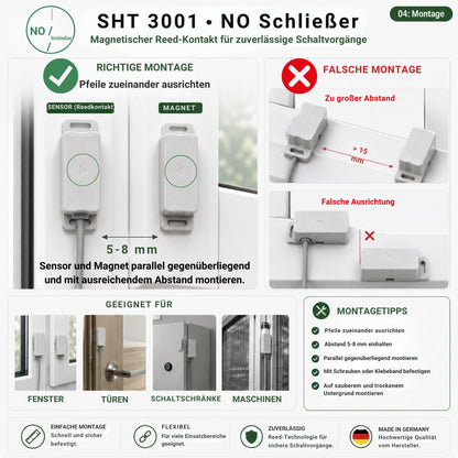 Montageanleitung für den SHT 3001 Reedkontakt mit richtiger Ausrichtung von Sensor und Magnet sowie Beispielen für fehlerhafte Montage