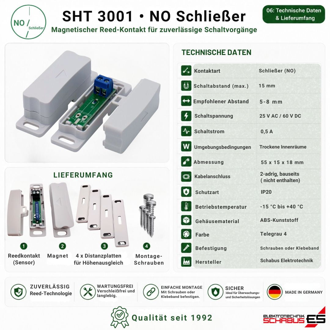 Technische Daten und Lieferumfang des SHT 3001 Reedkontakts Schließer (NO) mit Sensor, Magnet, Distanzplatten und Montageschrauben