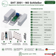 Technische Daten und Lieferumfang des SHT 3001 Reedkontakts Schließer (NO) mit Sensor, Magnet, Distanzplatten und Montageschrauben