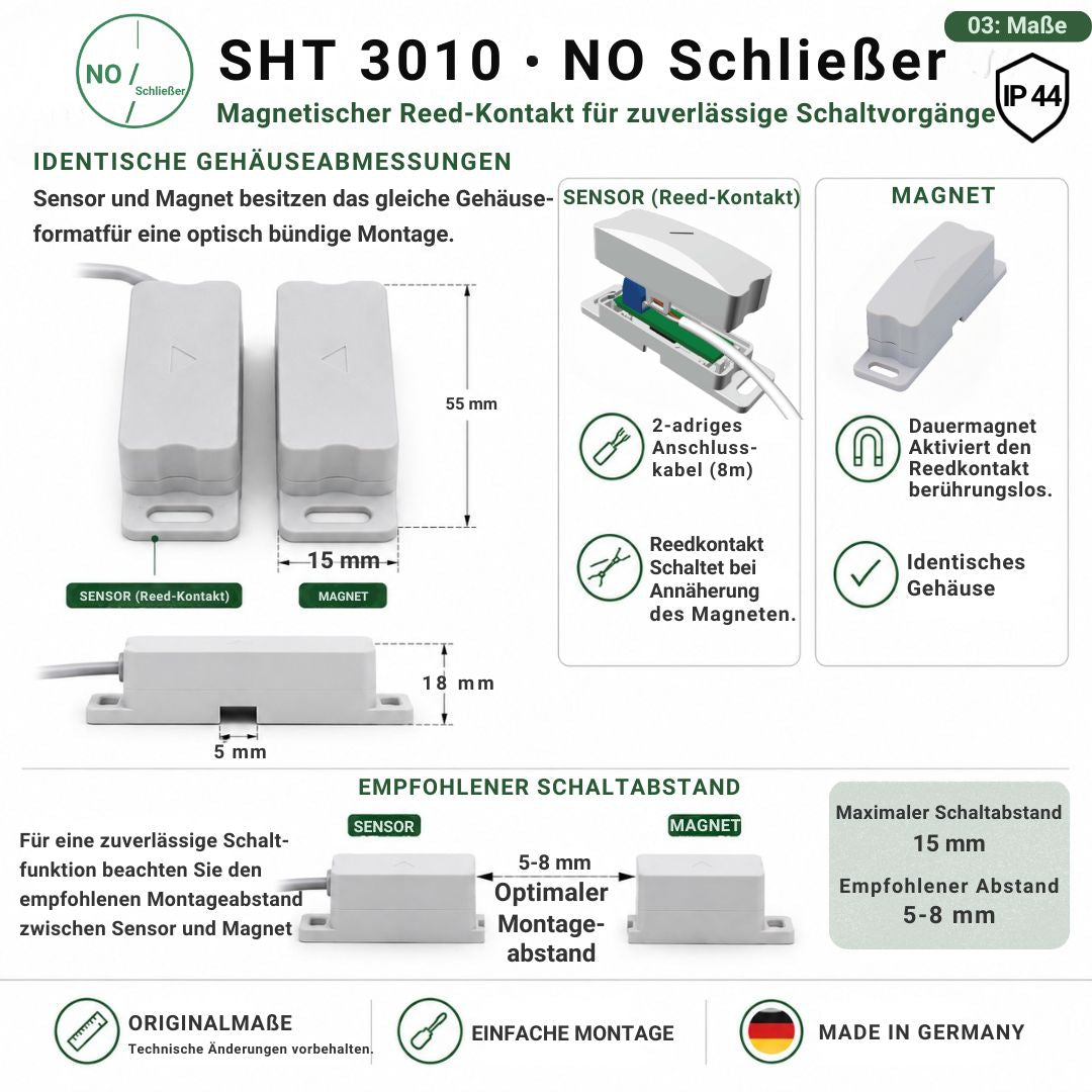 Abmessungen des Schabus SHT 3010 Reedkontakts Schließer IP44 mit identischen Gehäusen für Sensor und Magnet sowie empfohlenem Schaltabstand von 5–8 mm.