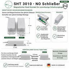Abmessungen des Schabus SHT 3010 Reedkontakts Schließer IP44 mit identischen Gehäusen für Sensor und Magnet sowie empfohlenem Schaltabstand von 5–8 mm.