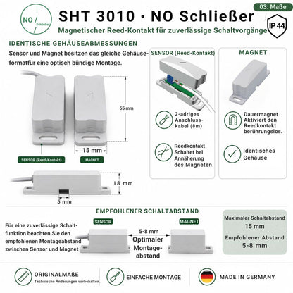 Abmessungen des Schabus SHT 3010 Reedkontakts Schließer IP44 mit identischen Gehäusen für Sensor und Magnet sowie empfohlenem Schaltabstand von 5–8 mm.