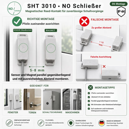 Montagehinweise für den Schabus SHT 3010 Reedkontakt Schließer IP44 mit korrekter Ausrichtung, optimalem Abstand und typischen Einbaubeispielen.