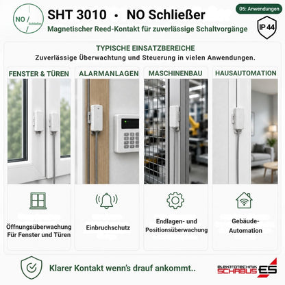 Typische Anwendungen des Schabus SHT 3010 Reedkontakts Schließer IP44 für Fenster, Türen, Alarmanlagen, Maschinenbau und Gebäudeautomation.