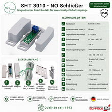 Technische Daten und Lieferumfang des Schabus SHT 3010 Reedkontakts Schließer (NO) IP44 mit 8 m Anschlusskabel, Magnet, Distanzplatten und Montageschrauben.