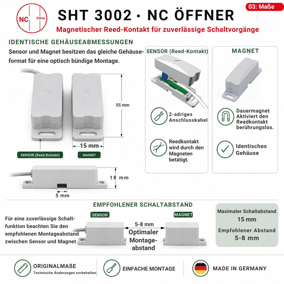 Abmessungen des SHT 3002 Reedkontakts mit identischen Gehäusen für Sensor und Magnet sowie empfohlenem Montage- und Schaltabstand