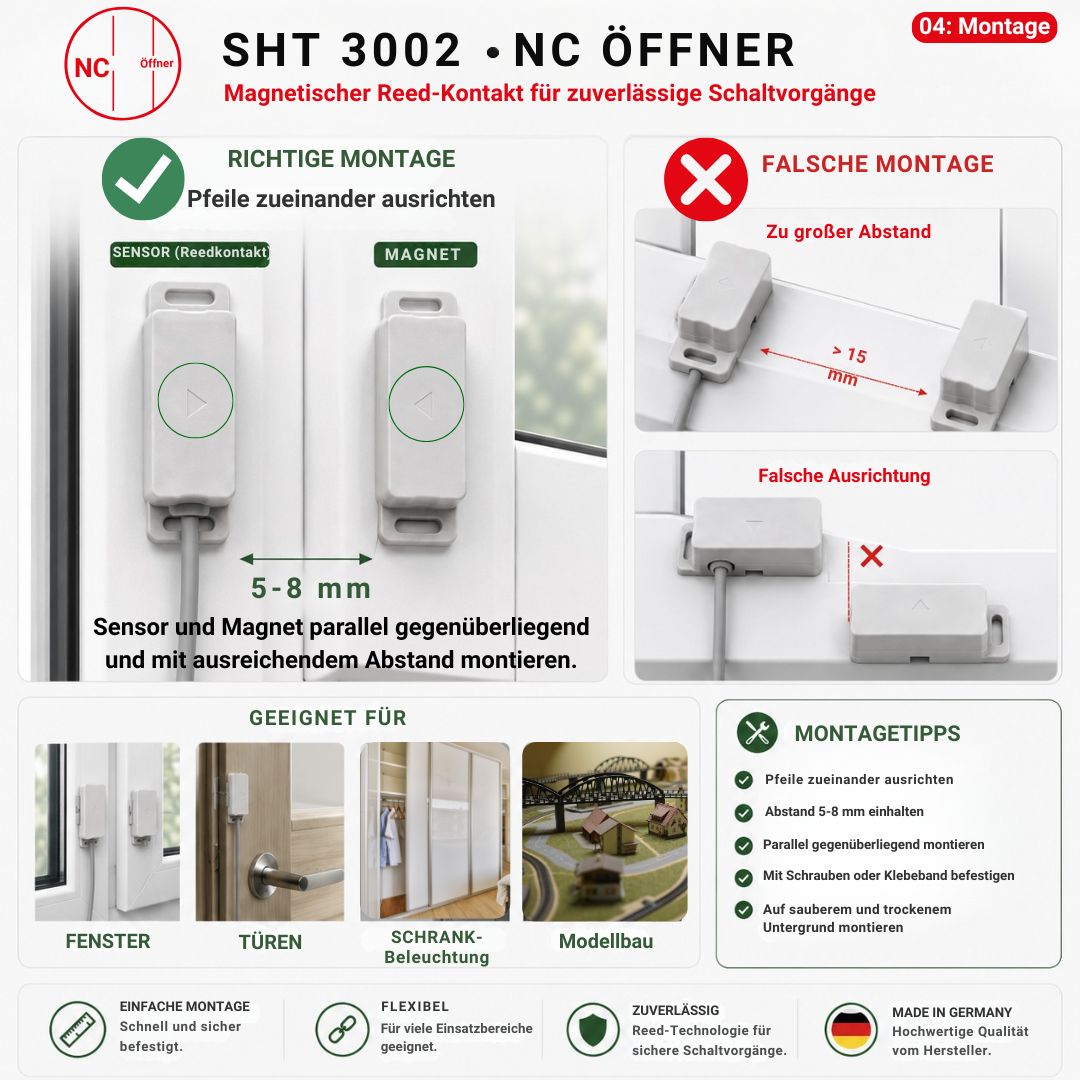Montageanleitung für den SHT 3002 Reedkontakt mit korrekter Ausrichtung von Sensor und Magnet sowie Beispielen für fehlerhafte Montage