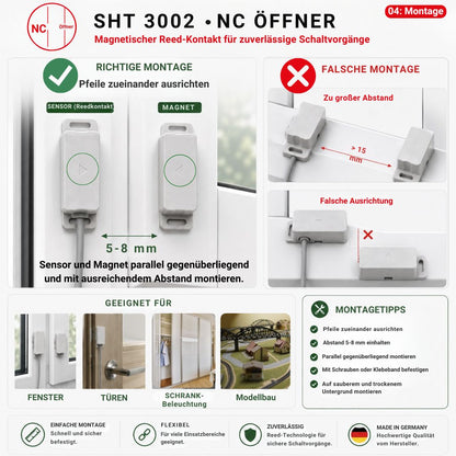Montageanleitung für den SHT 3002 Reedkontakt mit korrekter Ausrichtung von Sensor und Magnet sowie Beispielen für fehlerhafte Montage