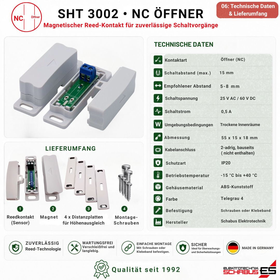 Technische Daten und Lieferumfang des SHT 3002 Reedkontakts Öffner (NC) mit Sensor, Magnet, Distanzplatten und Montageschrauben