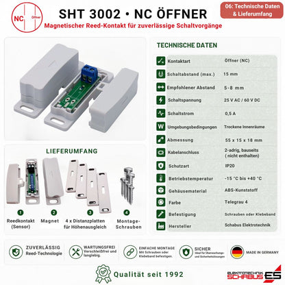 Technische Daten und Lieferumfang des SHT 3002 Reedkontakts Öffner (NC) mit Sensor, Magnet, Distanzplatten und Montageschrauben