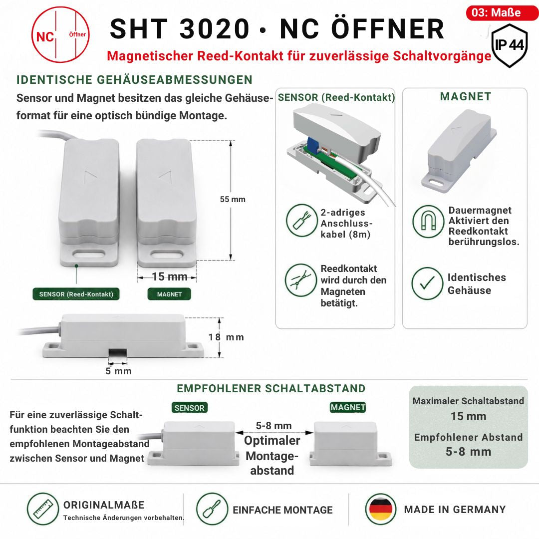 Abmessungen des Schabus SHT 3020 Reedkontakts Öffner IP44 mit identischen Gehäusen für Sensor und Magnet sowie empfohlenem Schaltabstand von 5–8 mm.