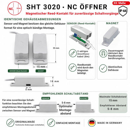 Abmessungen des Schabus SHT 3020 Reedkontakts Öffner IP44 mit identischen Gehäusen für Sensor und Magnet sowie empfohlenem Schaltabstand von 5–8 mm.