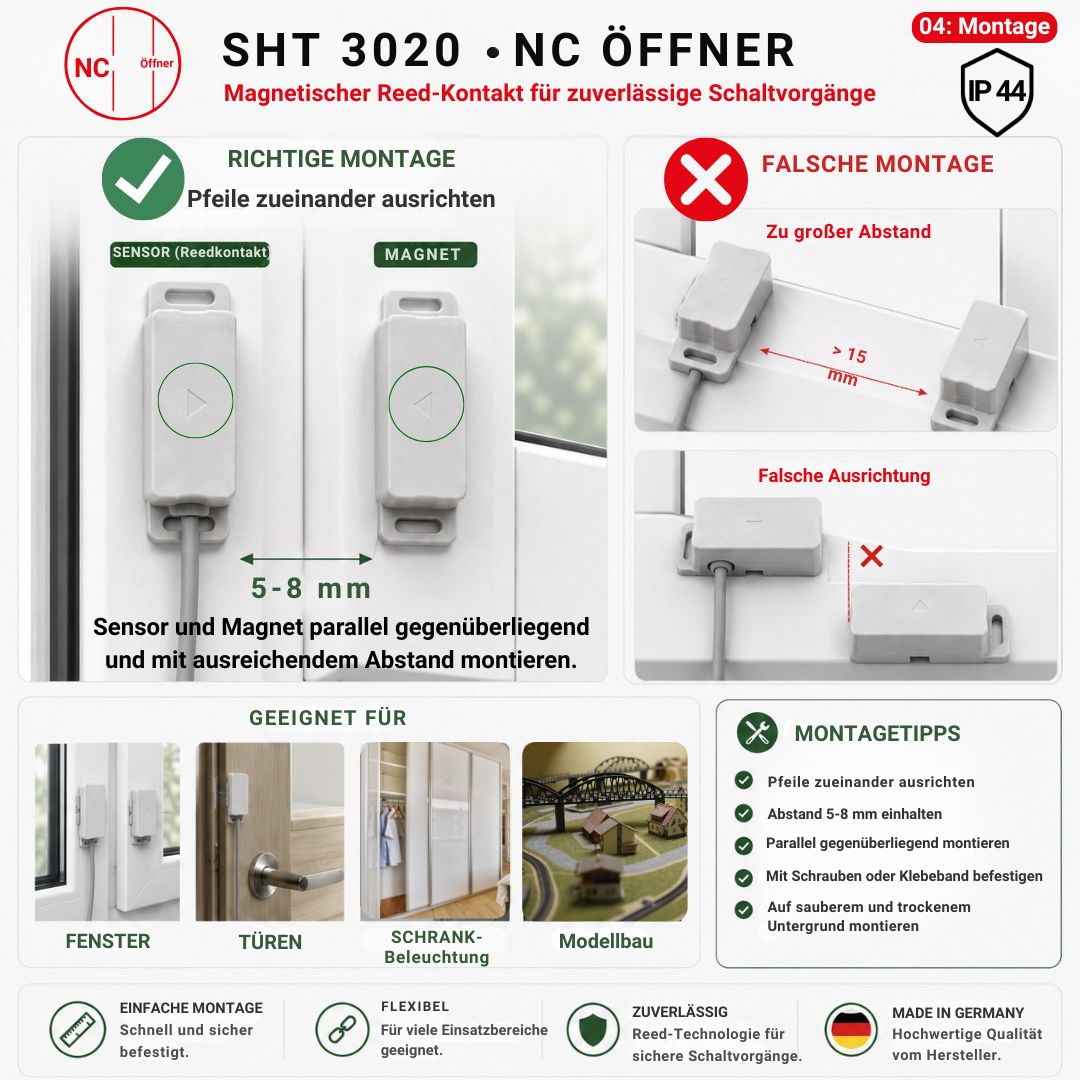 Montagehinweise für den Schabus SHT 3020 Reedkontakt Öffner IP44 mit korrekter Ausrichtung, optimalem Abstand und typischen Einbaubeispielen.