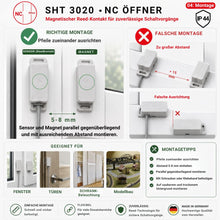 Montagehinweise für den Schabus SHT 3020 Reedkontakt Öffner IP44 mit korrekter Ausrichtung, optimalem Abstand und typischen Einbaubeispielen.