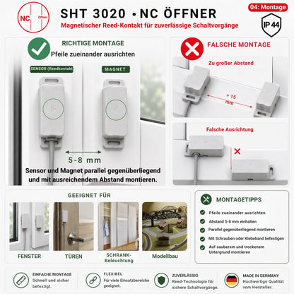 Montagehinweise für den Schabus SHT 3020 Reedkontakt Öffner IP44 mit korrekter Ausrichtung, optimalem Abstand und typischen Einbaubeispielen.