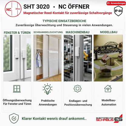 Typische Anwendungen des Schabus SHT 3020 Reedkontakts Öffner IP44 für Fenster und Türen, Schrankbeleuchtung, Maschinenbau und Modellbau.