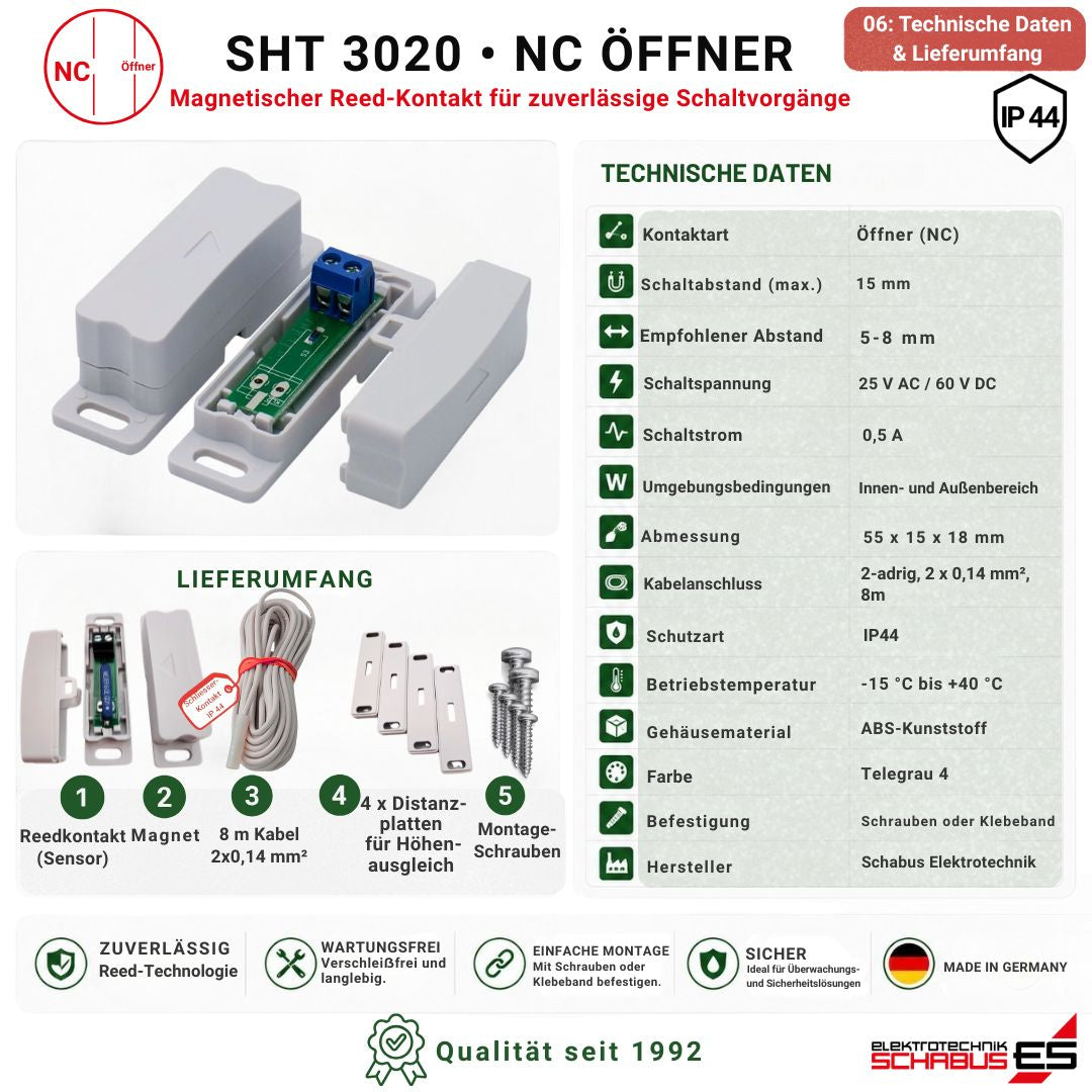 Technische Daten und Lieferumfang des Schabus SHT 3020 Reedkontakts Öffner (NC) IP44 mit 8 m Anschlusskabel, Magnet, Distanzplatten und Montageschrauben.