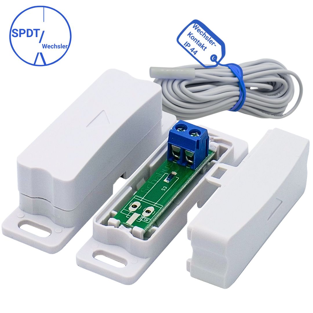 SHT 3030 Reedkontakt Wechsler (SPDT) IP44 mit Sensor, Magnet und 8 m Anschlusskabel von Schabus