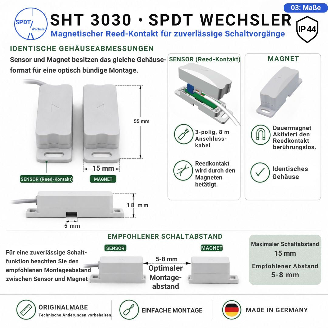 Abmessungen des SHT 3030 Reedkontakts IP44 mit identischen Gehäusen für Sensor und Magnet sowie empfohlenem Montage- und Schaltabstand