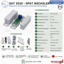 Technische Daten und Lieferumfang des SHT 3030 Reedkontakts Wechsler (SPDT) IP44 mit Sensor, Magnet, 8 m Anschlusskabel, Distanzplatten und Montageschrauben