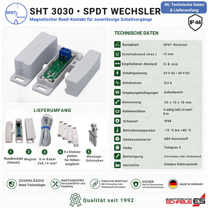 Technische Daten und Lieferumfang des SHT 3030 Reedkontakts Wechsler (SPDT) IP44 mit Sensor, Magnet, 8 m Anschlusskabel, Distanzplatten und Montageschrauben