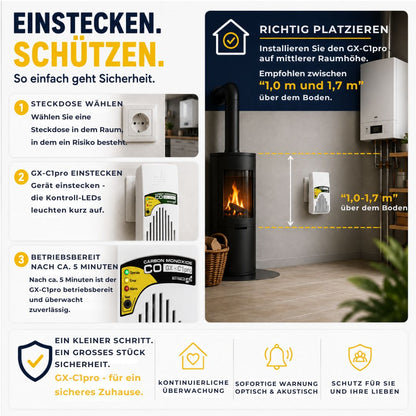 GX-C1pro CO-Melder einfach in die Steckdose einstecken und auf mittlerer Raumhöhe platzieren