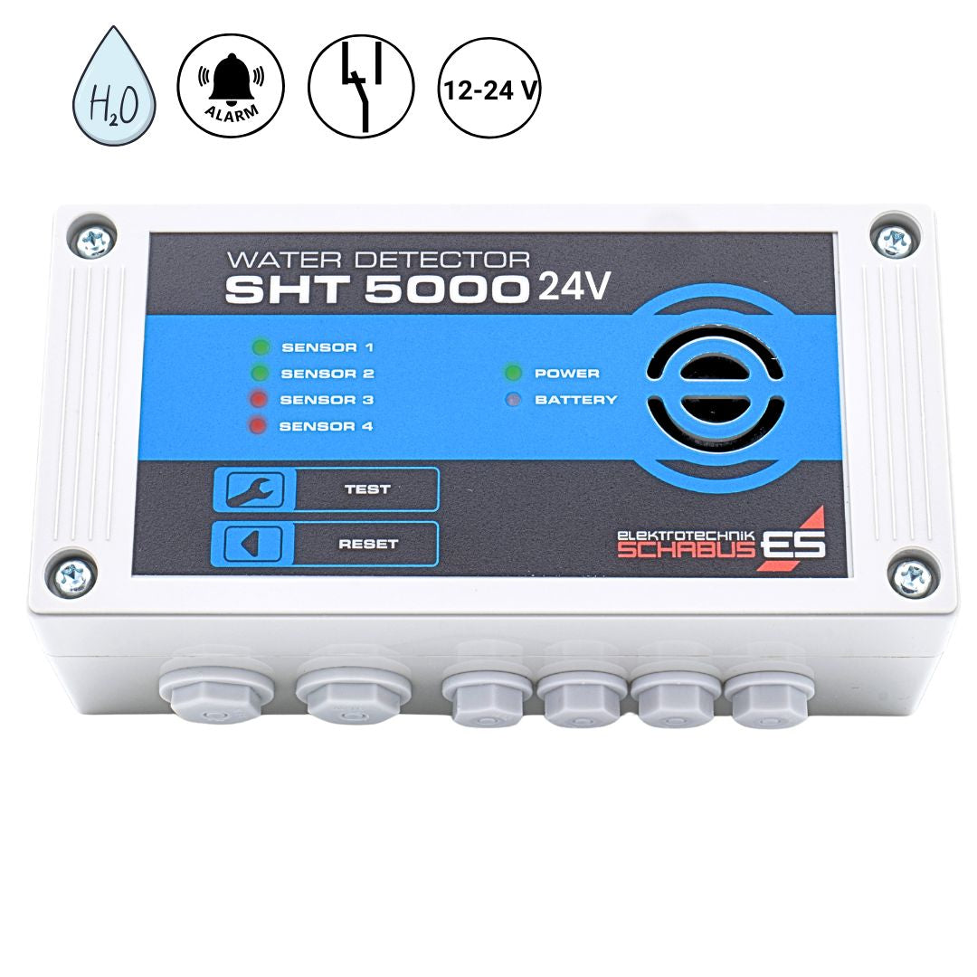 Schabus SHT 5000 12–24 V Wassermelder für Boote, Yachten, Wohnmobile und mobile Anlagen mit Alarm, Relaisausgang und vier Sensoranschlüssen.