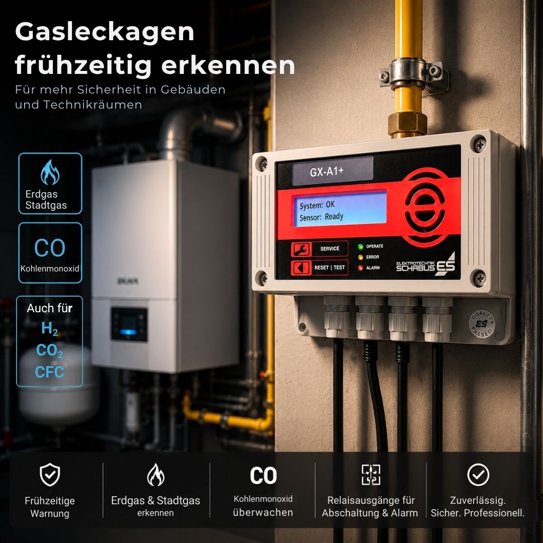 GX-A1+ Gaswarnsystem installiert im Technikraum zur frühzeitigen Erkennung von Erdgas-, Stadtgas- und Kohlenmonoxid-Leckagen.