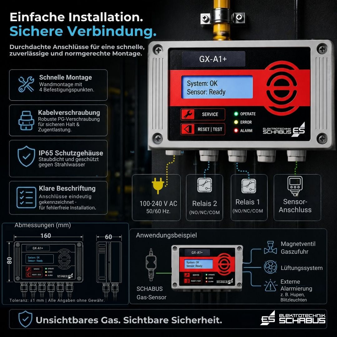 Technische Übersicht der GX-A1+ Gaswarnzentrale mit Relaisanschlüssen, Sensorintegration, Spannungsversorgung und IP65-Schutzgehäuse.