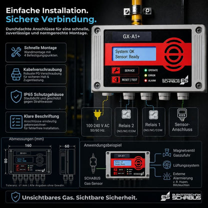 Technische Übersicht der GX-A1+ Gaswarnzentrale mit Relaisanschlüssen, Sensorintegration, Spannungsversorgung und IP65-Schutzgehäuse.
