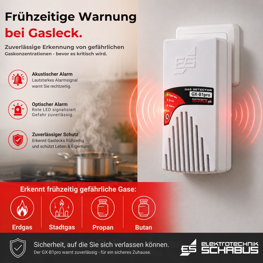 GX-B1pro Gasmelder mit optischem und akustischem Alarm zur zuverlässigen Warnung bei Erdgas-, Propan- und Butangasleckagen.