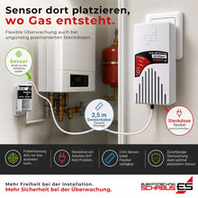 GX-B2pro Gaswarner mit externem Sensor. Der Sensor wird direkt an der Gefahrenquelle montiert, während das Hauptgerät flexibel in einer Steckdose betrieben wird.