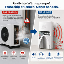 GX-K1 Kältemittelwarngerät erkennt austretendes R32 Kältemittel an einer undichten Wärmepumpe und warnt mit 90 dB Alarm.
