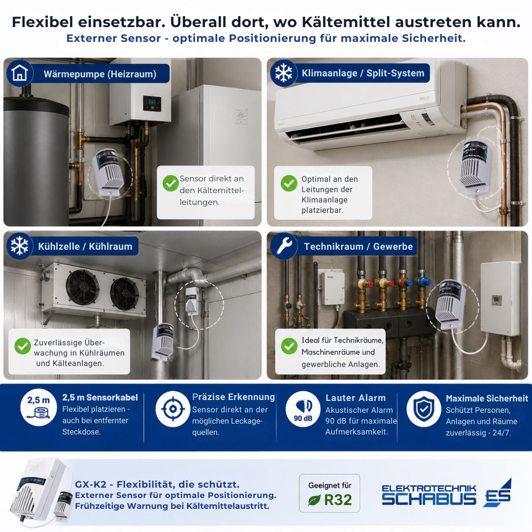 GX-K2 Kältemittelwarngerät mit externem Sensor für Wärmepumpen, Klimaanlagen, Kühlräume und Technikräume zur frühzeitigen Erkennung von Kältemittelaustritt.