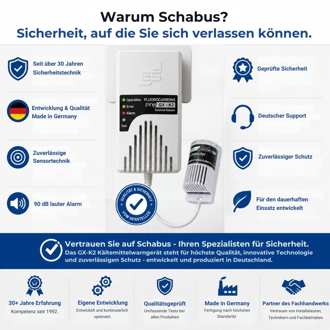 GX-K2 Kältemittelwarngerät mit externem Sensor von Schabus, entwickelt und produziert in Deutschland mit geprüfter Sicherheit und über 30 Jahren Erfahrung in der Sicherheitstechnik.