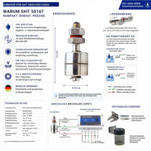Technische Übersicht des Mini-Schwimmerschalters SHT 5016 aus V4A-Edelstahl mit Wechslerkontakt (SPDT), Anschlussdiagramm, Abmessungen, Lieferumfang, technischen Daten und optionalem Zubehör. Der Schwimmerschalter schaltet den gemeinsamen Kontakt (COM) je nach Schwimmerstellung auf Öffner (NC) oder Schließer (NO) und ist mit den Schabus Wassermeldern SHT 5000, SHT 5001 und SHT 5002 kompatibel.