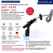 SHT 5030 Klappschwimmerschalter für 230 V AC zur seitlichen Pegelüberwachung in Behältern und Tanks. Der Schwimmerschalter aus PP-Kunststoff kann durch 180°-Drehung als Öffner (NC) oder Schließer (NO) eingesetzt werden und eignet sich zum direkten Schalten von 230-V-Steuerungen, Relais und Verbrauchern.