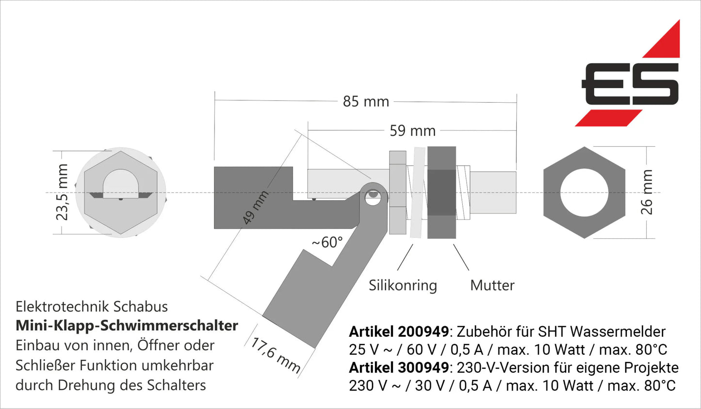 Klapp-Schwimmerschalter 230 Volt