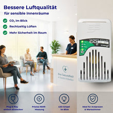 CO₂-Ampel GX-D11 in modernem Wartezimmer zur Überwachung der Luftqualität in sensiblen Innenräumen und Arztpraxen