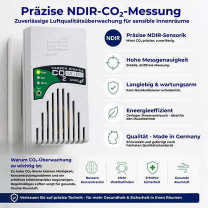 GX-D11 CO₂-Messgerät mit präziser NDIR-Sensorik, hoher Messgenauigkeit und Made-in-Germany Qualität für gesunde Raumluft