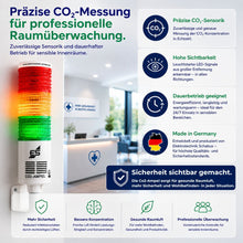 CO₂-Ampel mit präziser CO₂-Sensorik, hoher Sichtbarkeit, Dauerbetrieb und Made-in-Germany-Qualität für professionelle Raumüberwachung.