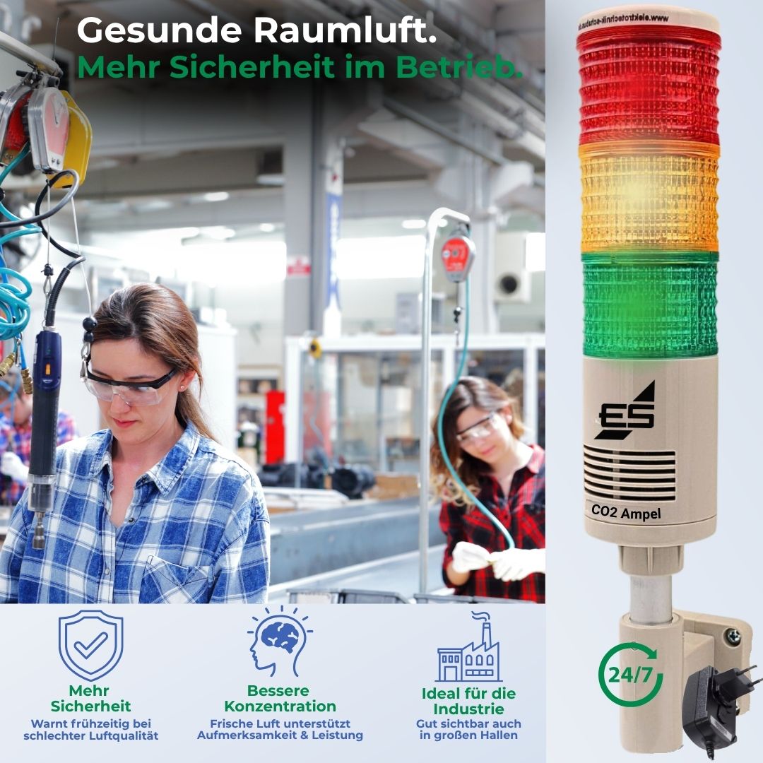CO₂-Ampel Factory im Industrieeinsatz zur Überwachung der Luftqualität in Produktionshallen für mehr Sicherheit, Konzentration und sichtbare Luftwarnung.