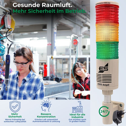 CO₂-Ampel Factory im Industrieeinsatz zur Überwachung der Luftqualität in Produktionshallen für mehr Sicherheit, Konzentration und sichtbare Luftwarnung.