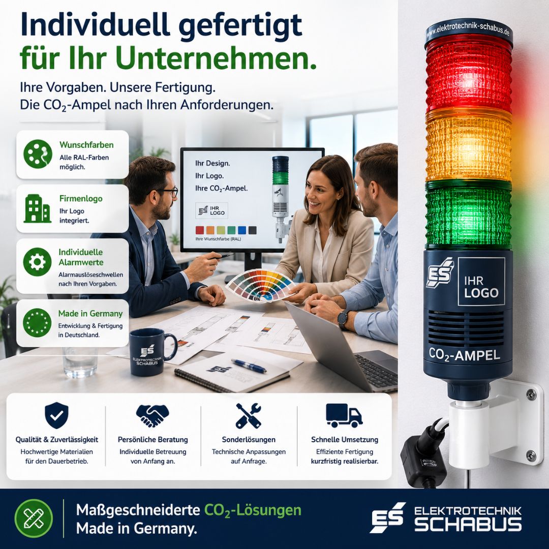 Customized CO₂-Ampel mit Firmenlogo, Wunschfarben und individuellen Alarmwerten als maßgeschneiderte Luftqualitätslösung für Unternehmen.