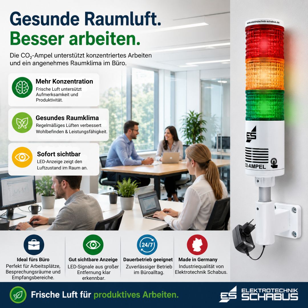 CO₂-Ampel Office im modernen Büro zur Unterstützung von konzentriertem Arbeiten, angenehmem Raumklima und produktiver Zusammenarbeit.